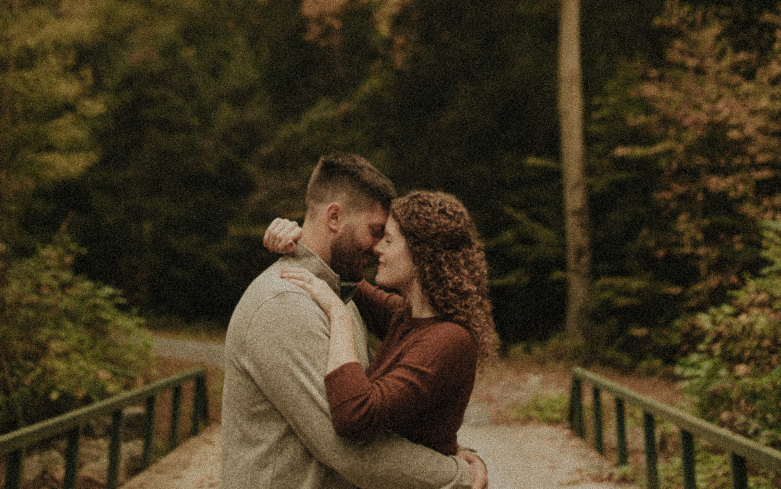 An engaged couple kissing on a bridge in the middle of the woods in Pine Grove Pennsylvania