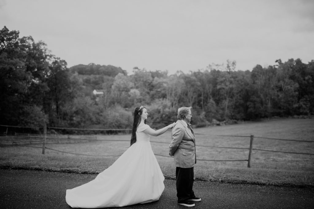 A bride and a groom having their first look with an overlook of an apple orchard 
