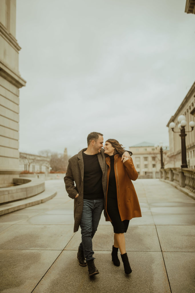 Winter city engagement photoshoot in front of the Harrisburg Capital