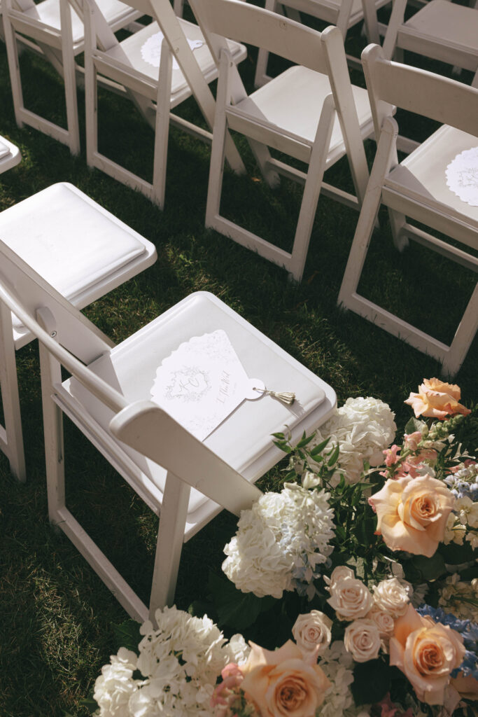 Outdoor wedding ceremony at NYIT de Seversky Mansion in Old Westbury, New York