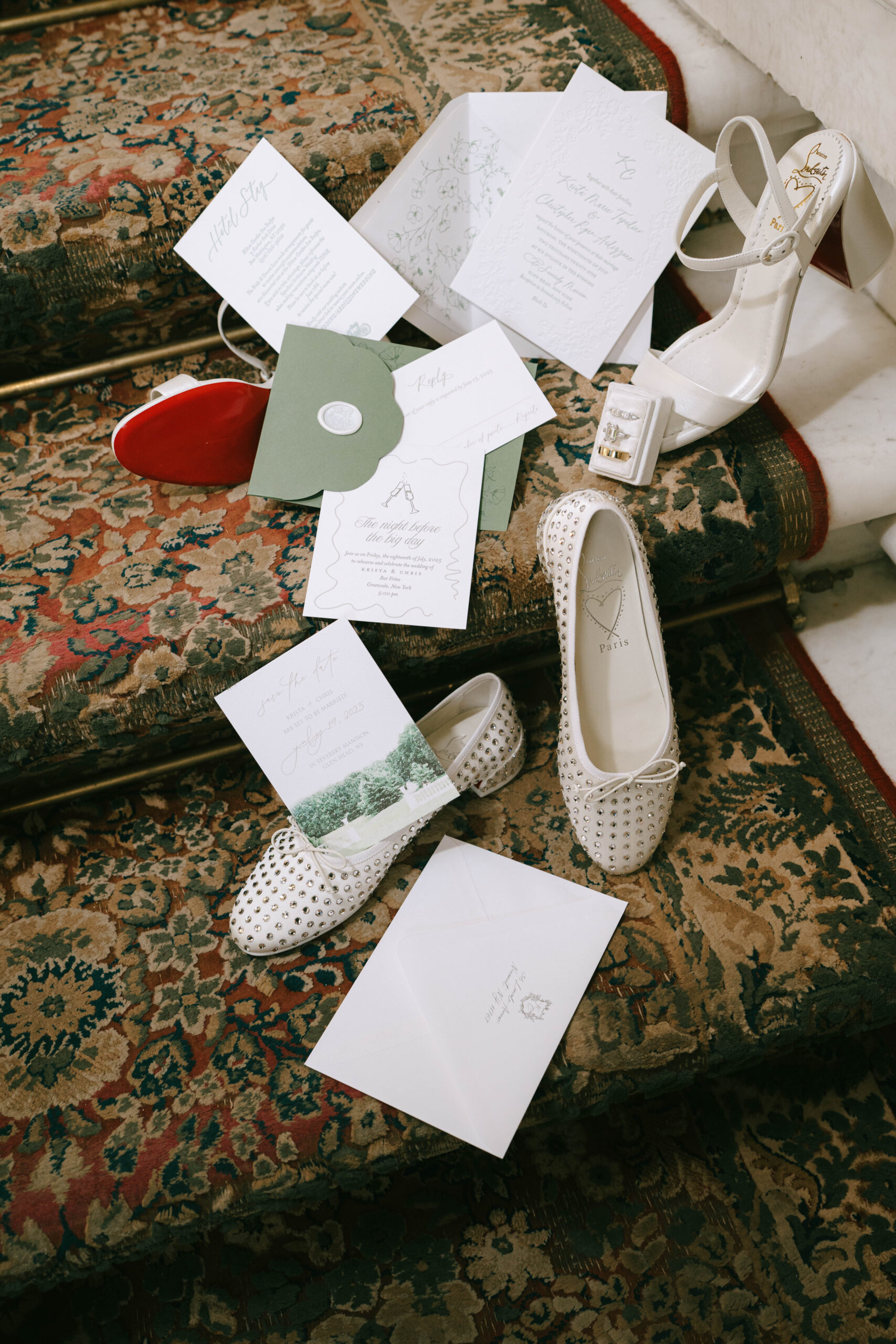classic, artistic Wedding invitation flatlay in southern florida on vintage carpeted stairs