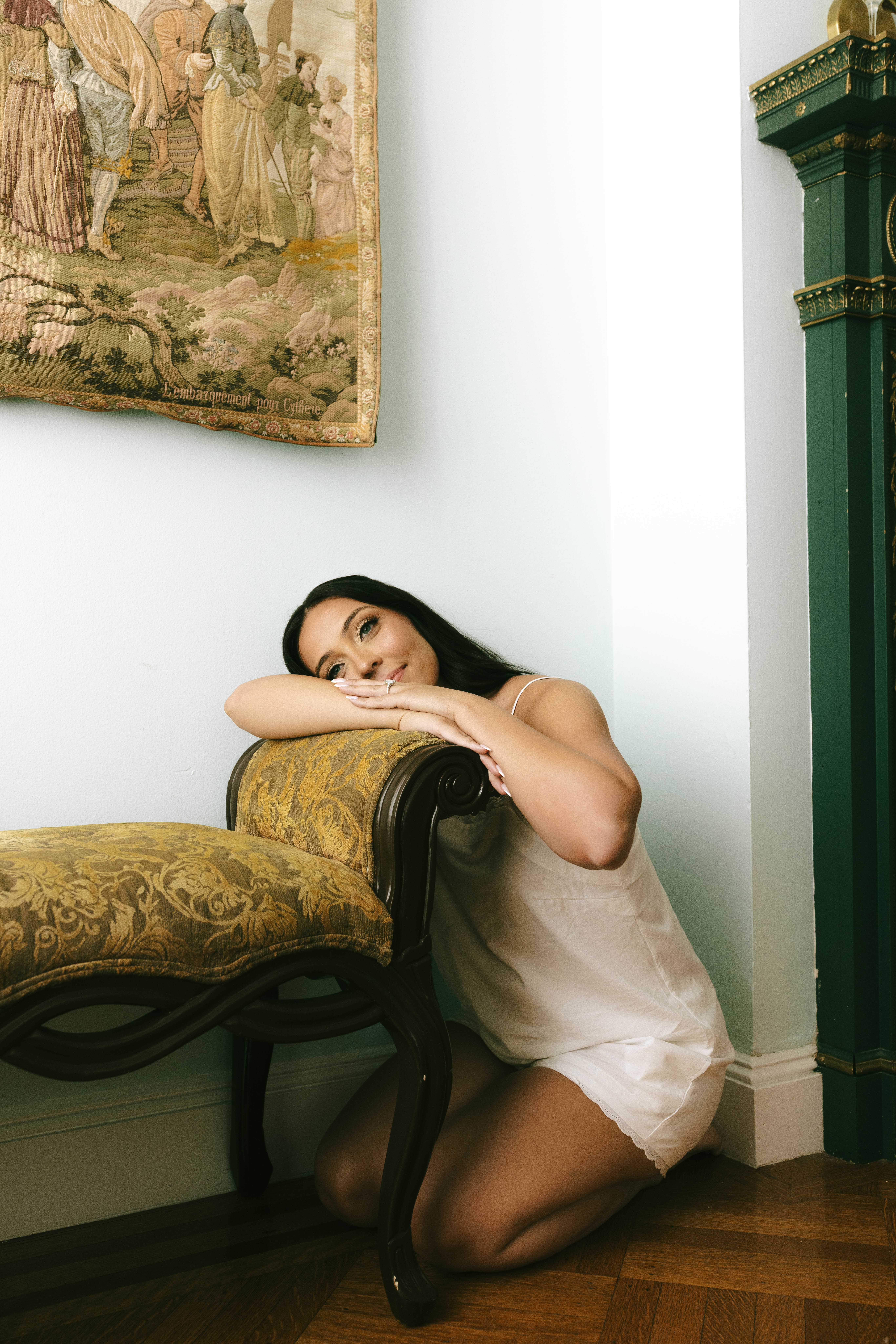 Bride getting ready at NYIT de Seversky Mansion with soft natural window light