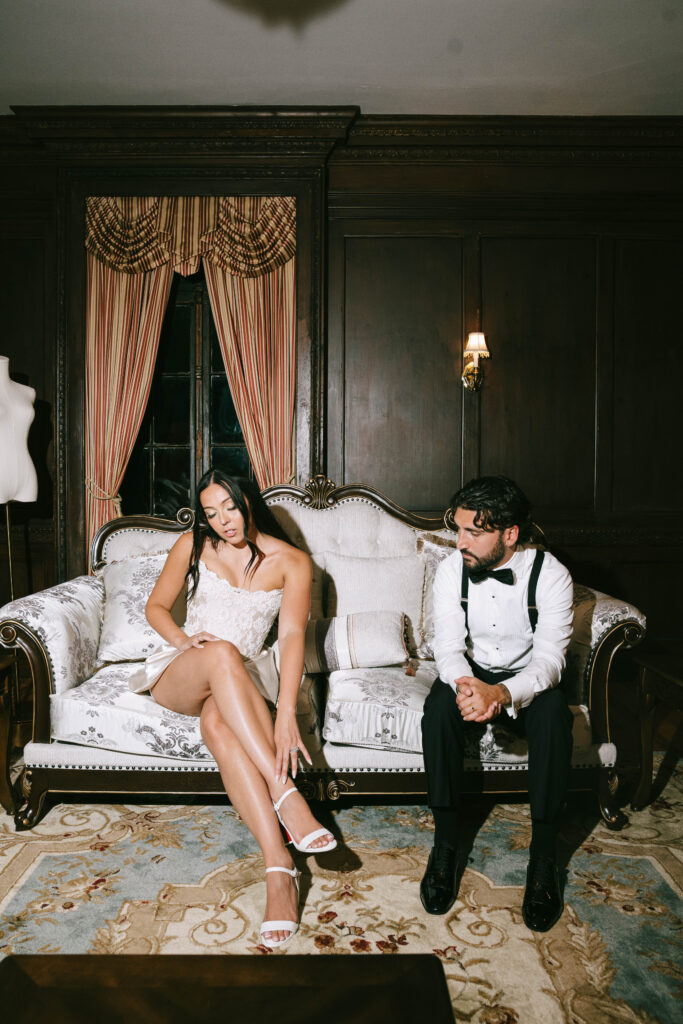 Editorial flash photography bride and groom reception portraits at NYIT de Seversky Mansion