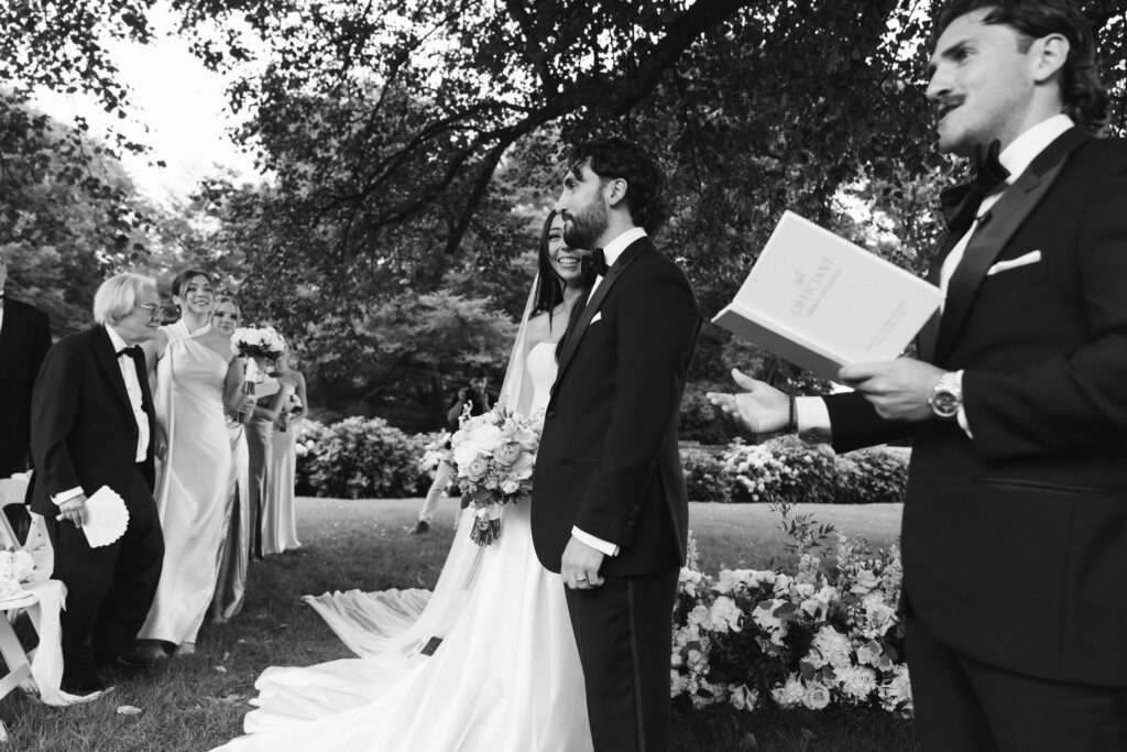 Outdoor wedding ceremony at NYIT de Seversky Mansion in Old Westbury, New York