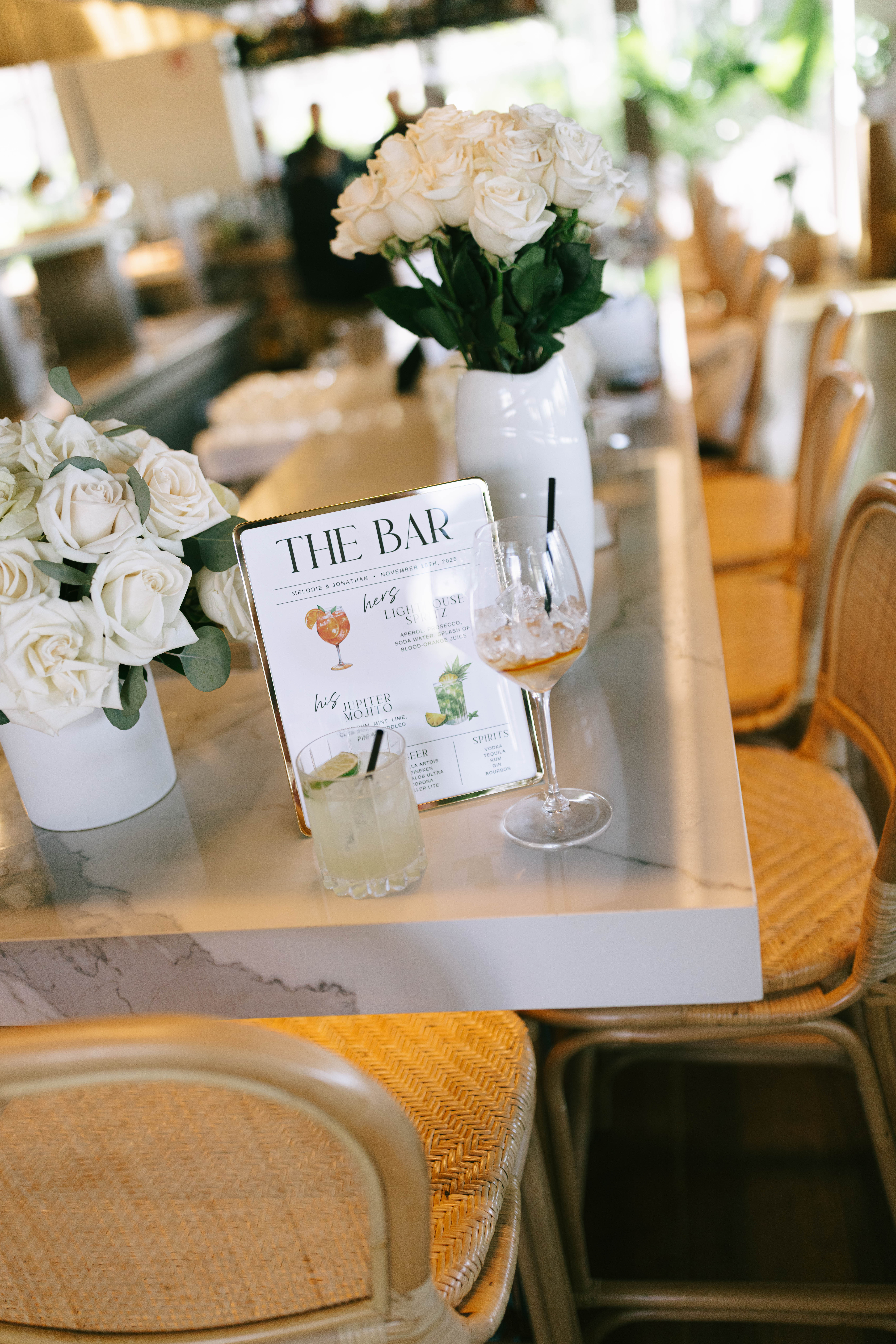 Coastal Mediterranean restaurant setting at The Beacon in Jupiter during a wedding welcome party