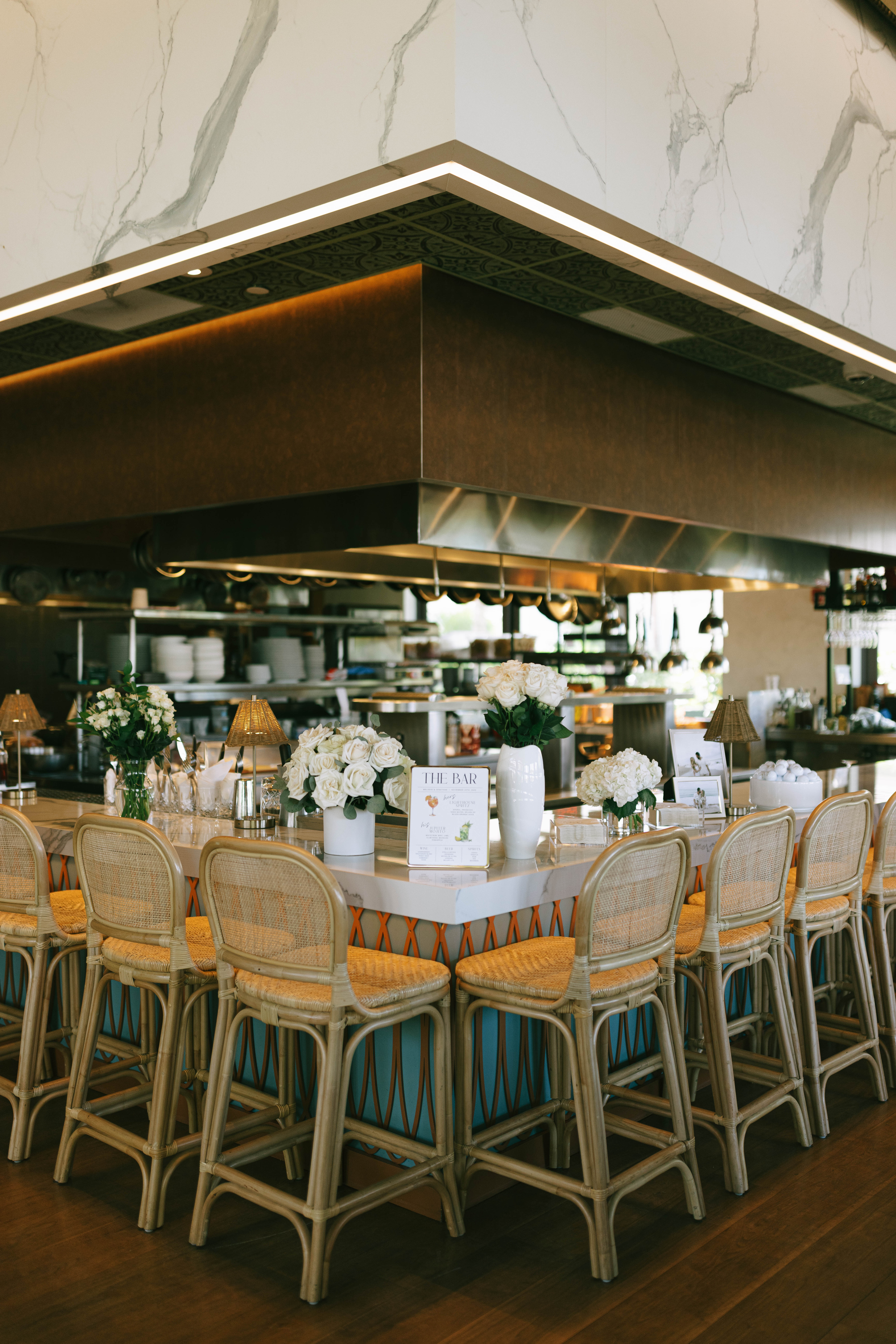 Coastal Mediterranean restaurant setting at The Beacon in Jupiter during a wedding welcome party