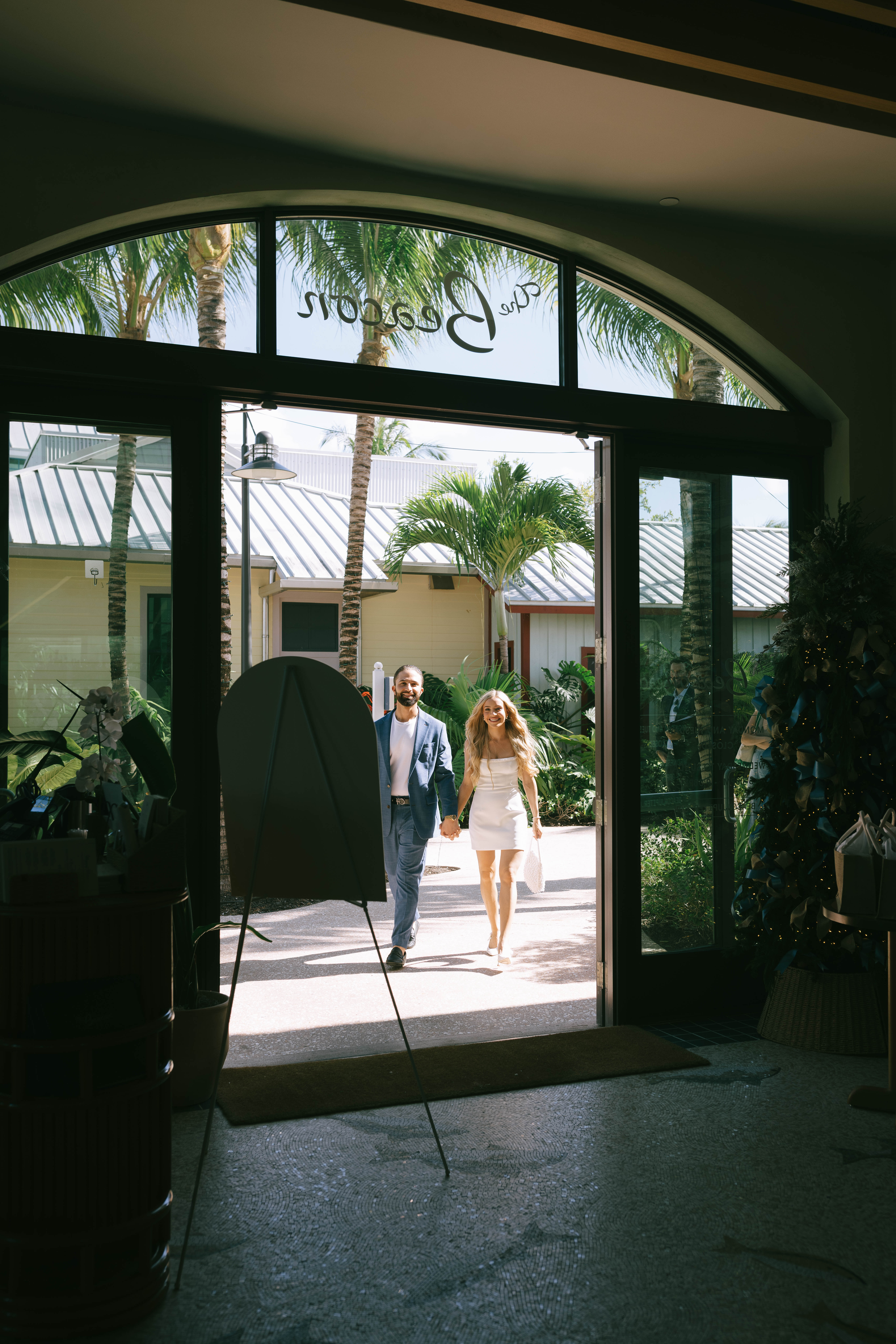 Coastal Mediterranean restaurant setting at The Beacon in Jupiter during a wedding welcome party